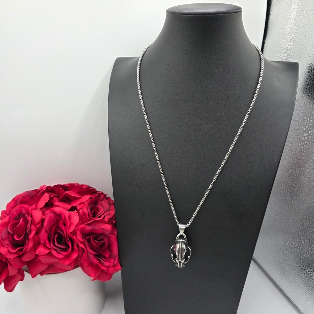 HZMAN Stainless Steel Animal Skull Pendant Necklace Silver Tone Box Chain 22in